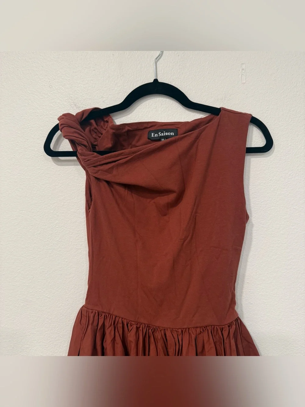 En Saison Rust Brown Mixed Media Asymmetric Neck Midi Dress XS